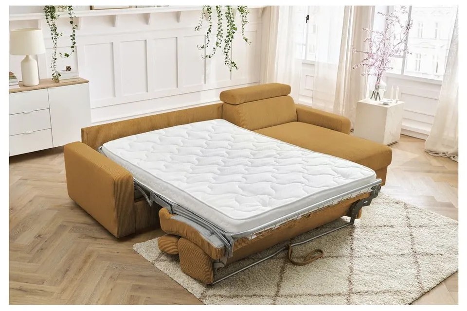 Mustársárga kordbársony kinyitható sarokkanapé (variálható) Monaco – Bobochic Paris