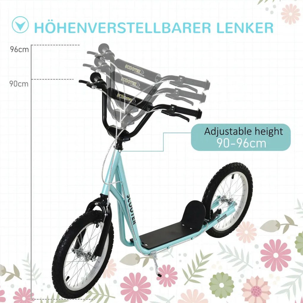 HOMCOM Gyerek Roller fékkel, állítható magasságú, könnyű acél, világoskék