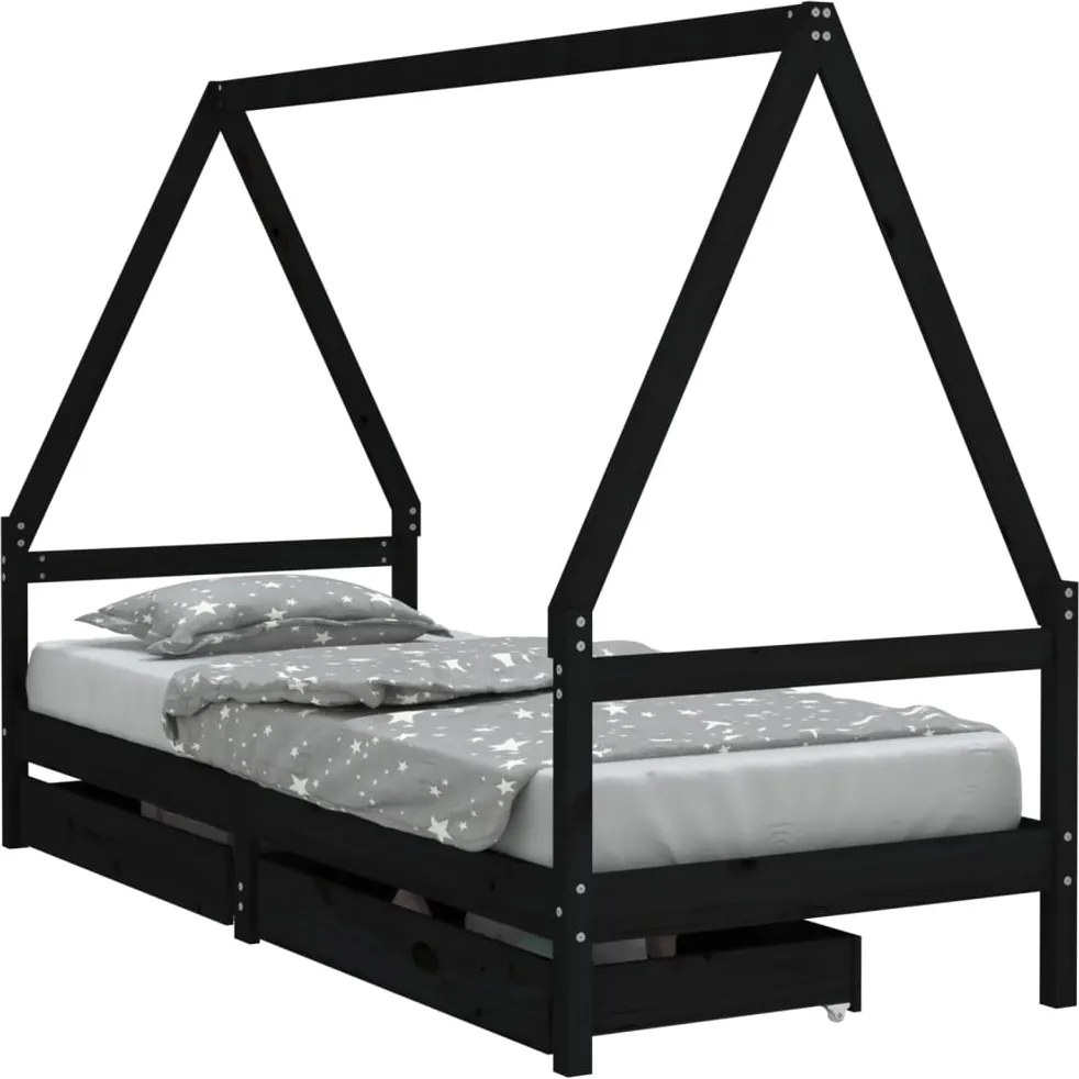 vidaXL fekete tömör fenyőfa gyerekágy keret fiókkal 90x190 cm