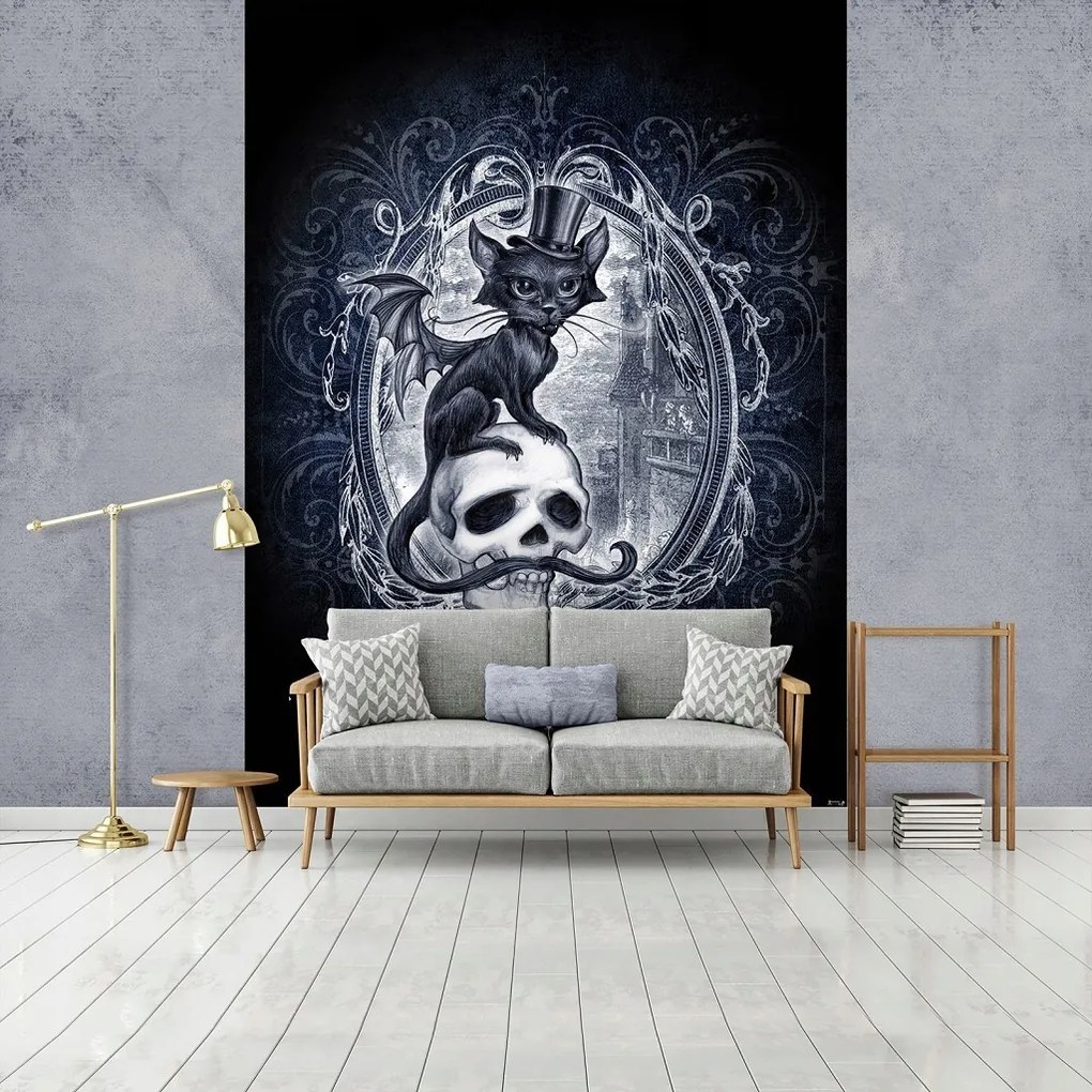 Vinyl fotótapéta 184x254 Állatok Macska a kalapban a koponyán +ragasztó