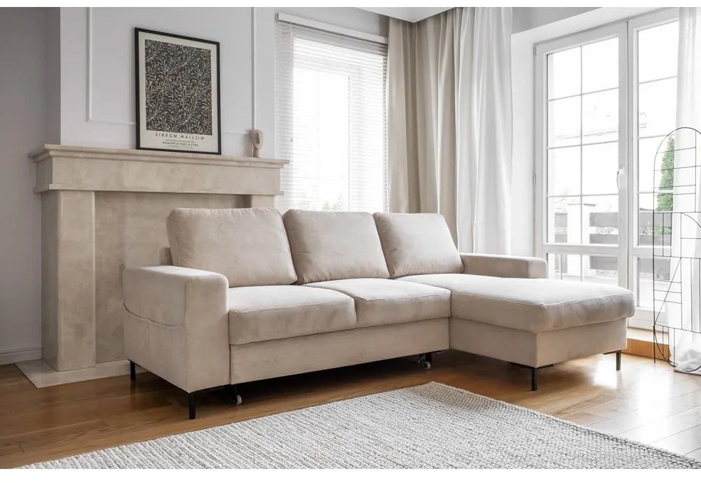 Bézs kordbársony kinyitható sarokkanapé (jobb oldali) Lofty Lilly – Miuform