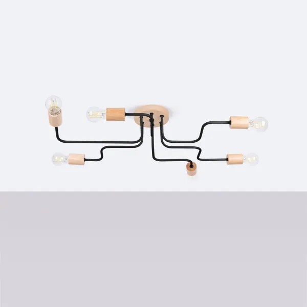 Sollux SL.1670 - Felületre szerelhető csillár TIMBO 6xE27/15W/230V fekete/bézs/bükkfa