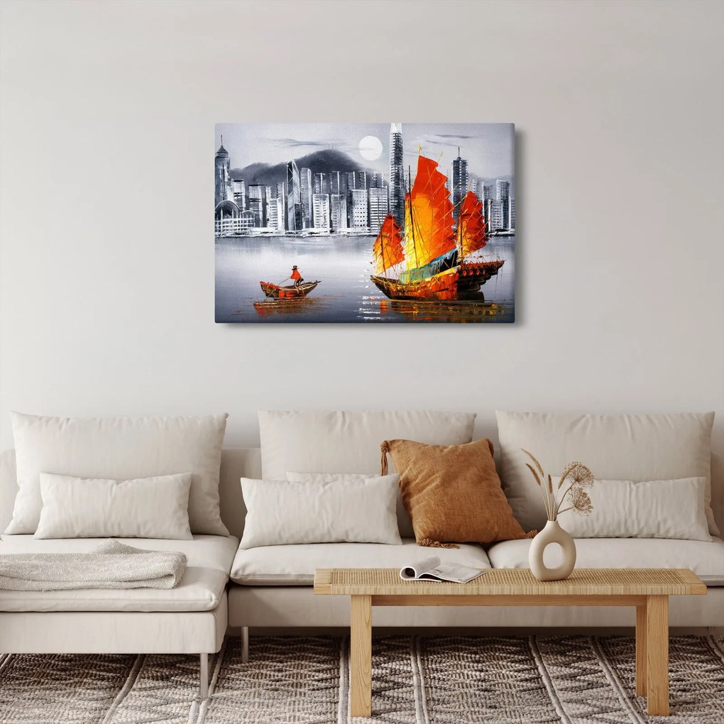 Festmény - Victoria Harbour, Hong Kong, fekete-fehér olajfestmény (90x60 cm)