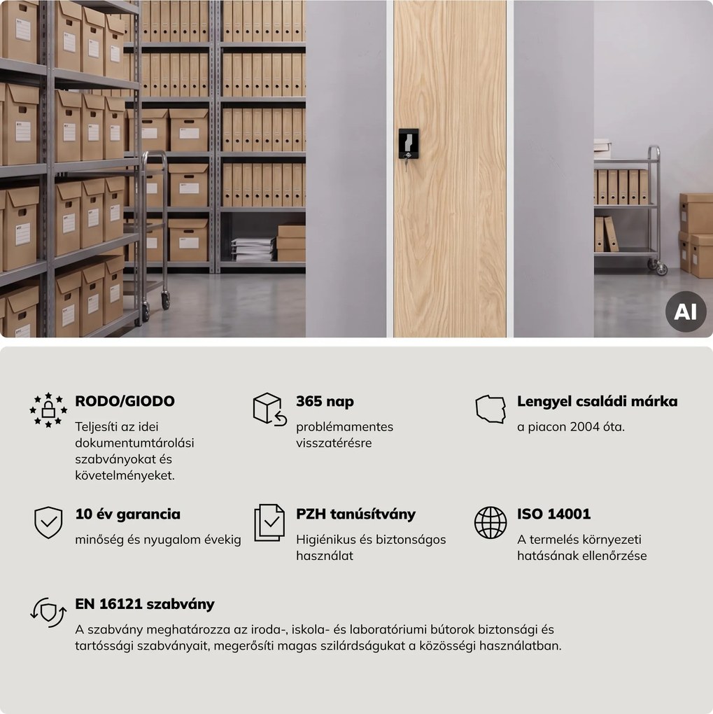Fém irodai iratszekrény, fehér/sonoma tölgy, 450x1850x400 mm: ALEX Eco Design