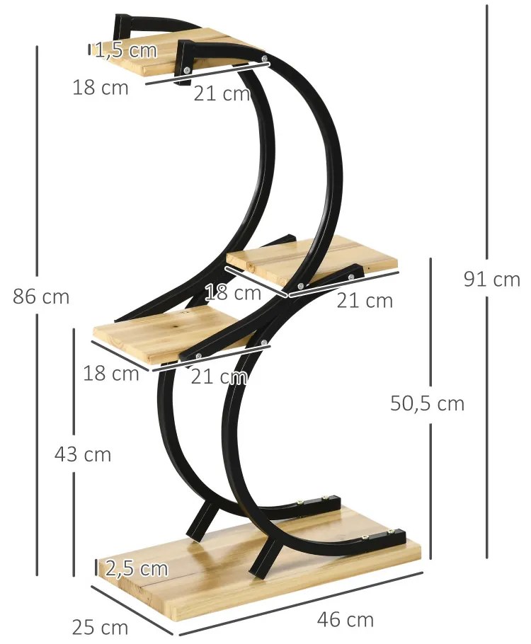 4 szintes S formájú viráglépcső, növényállvány fém kerettel, fekete 46cm x 25cm x 91cm