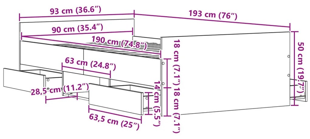 Ágykeret Matrac Nélkül Fekete Tölgy 90x190 cm Mérnöki Fa