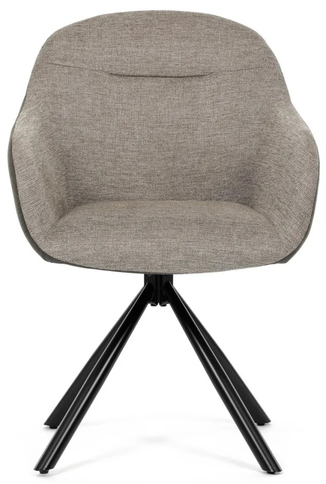 Scaun de sufragerie pivotant, țesătură bej și țesătură gri închis, cu decor vintage din piele, metal negru, rotativ P90°+ L90° cu mecanism de retragere