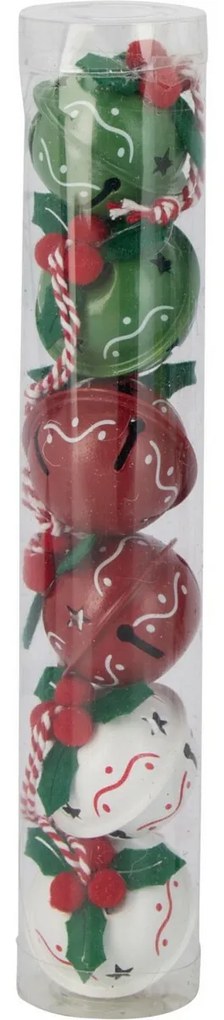6 db karácsonyi csengő Waves szett, átmérő 4 cm,piros-zöld-fehér, fém, 4 cm átmérőjű