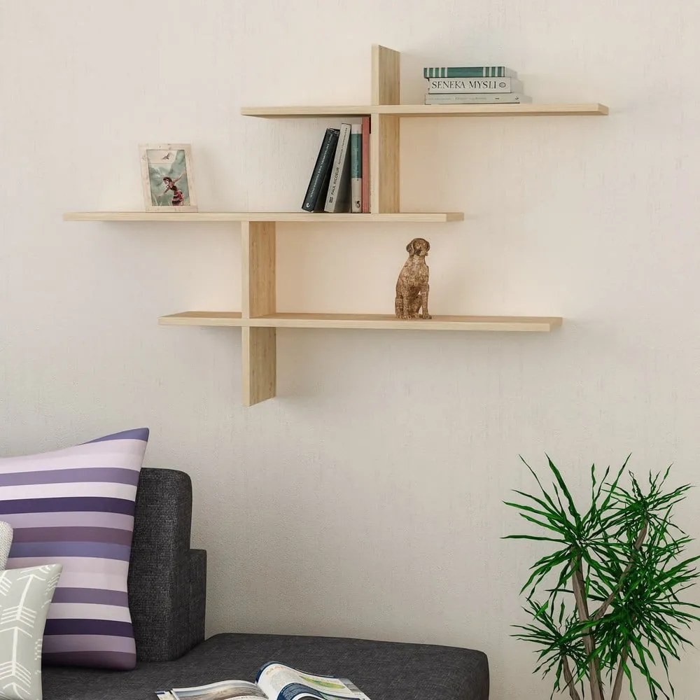 Natúr színű többszintes fali polc tölgyfa dekorral 123 cm Leo – Kalune Design