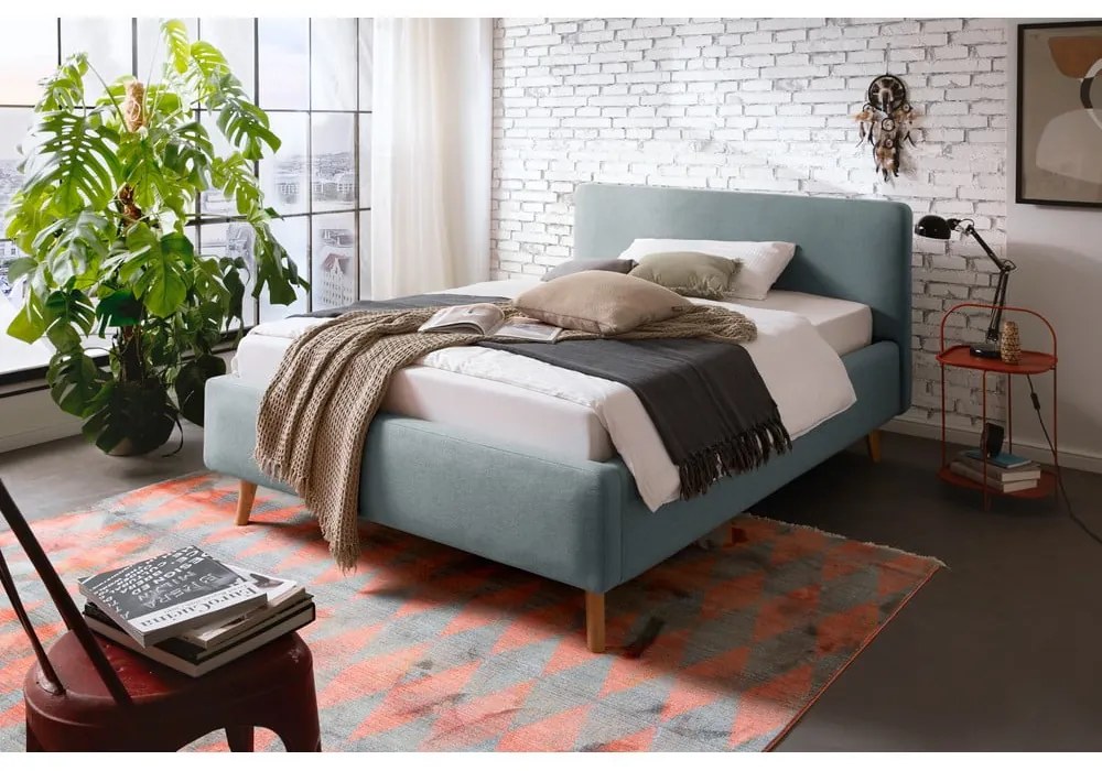 Szürkéskék kárpitozott ágyneműtartós franciaágy ágyráccsal 140x200 cm Mattis – Meise Möbel