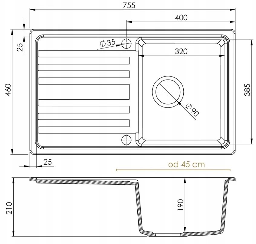 Mosogató Quality Sapphire, konyhai gránit mosogató 755x460x190 mm + fekete szifon, fekete, SKQ-SAP.C.1KDO.XB