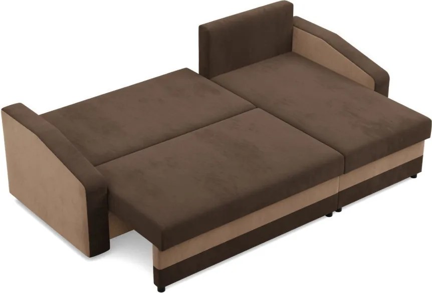 Hewlet sarokkanapé, 2 ágyneműtartóval, szövet anyag, univerzális oldal, bonell töltet, barna