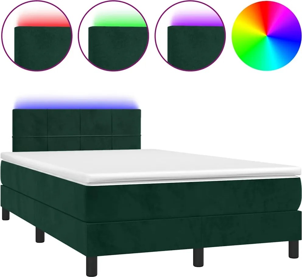 vidaXL sötétzöld bársony rugós és LED-es ágy matraccal 120x200 cm