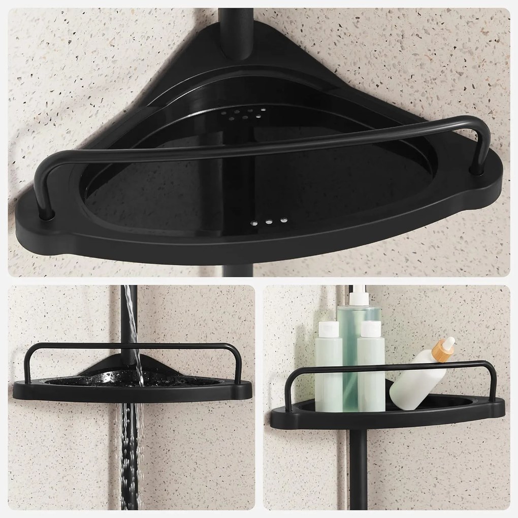 Zuhany sarokpolc, 4 szintes fürdőszobai zuhanypolc 85-305 cm, Fekete