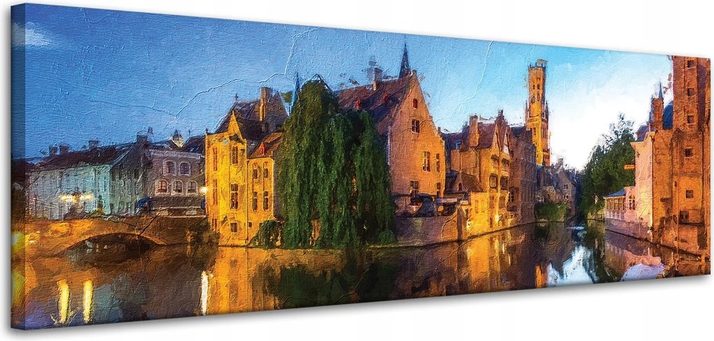 Vászonkép Folyó Város Este Olaj Stílus 120x40 cm