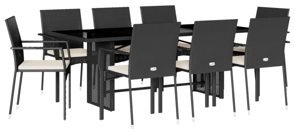 9 részes fekete polyrattan kerti étkezőgarnitúra párnákkal