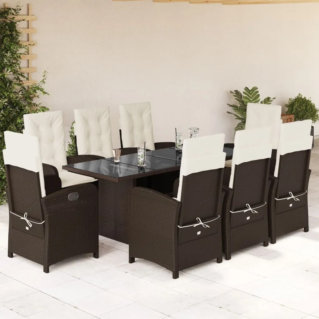 9 részes barna polyrattan kerti étkezőgarnitúra párnákkal