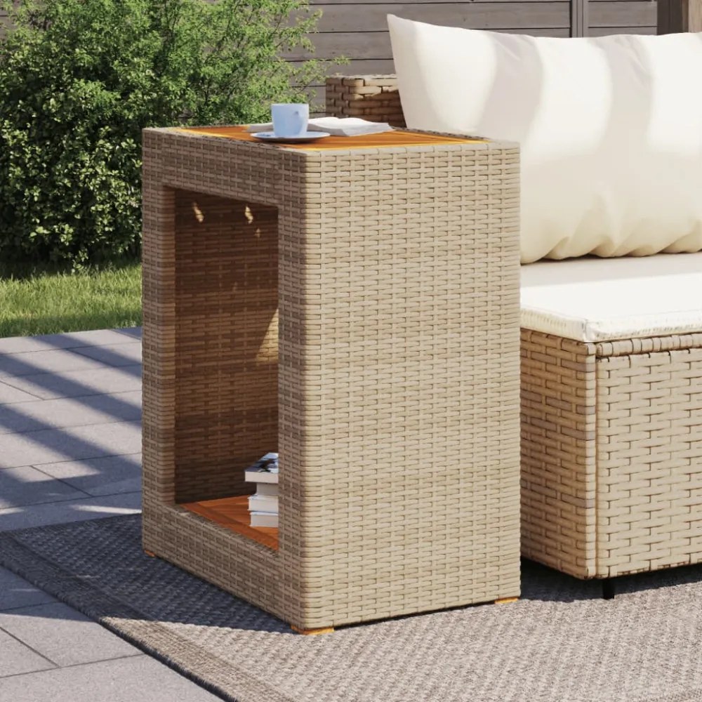 bézs polyrattan kerti kisasztal fa asztallappal 60x40x75 cm