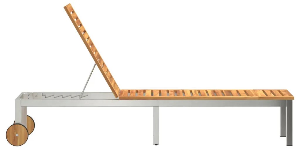 Napozóágy Kerekekkel 207x58x35 cm Tömör Akácfából és Rozsdamentes Acélból