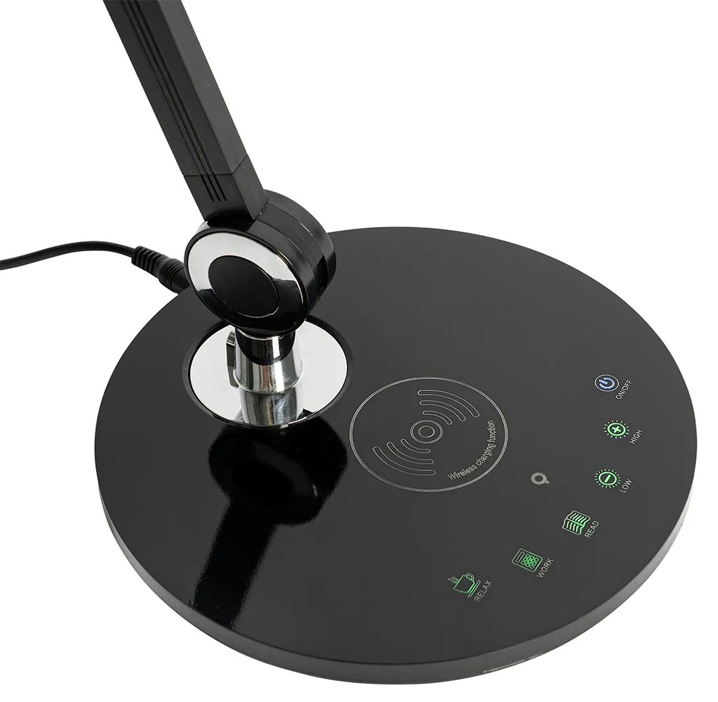 Design asztali lámpa fekete, beépített LED-del, érintőkapcsolóval és indukciós töltővel - Don