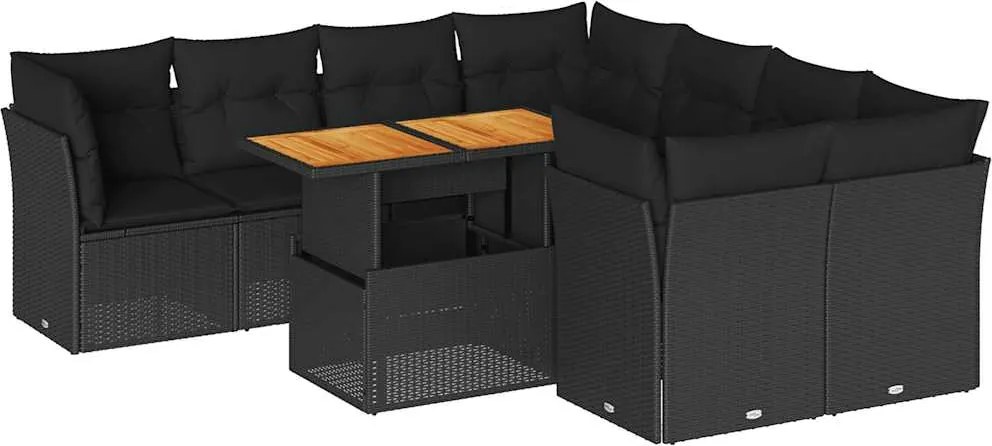 vidaXL 9 részes fekete polyrattan kerti ülőgarnitúra párnákkal