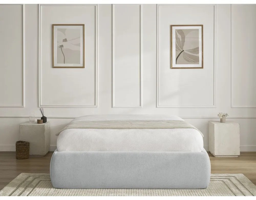 Világosszürke kárpitozott ágyneműtartós franciaágy ágyráccsal, ágytámla nélkül 160x200 cm Inera – Bobochic Paris