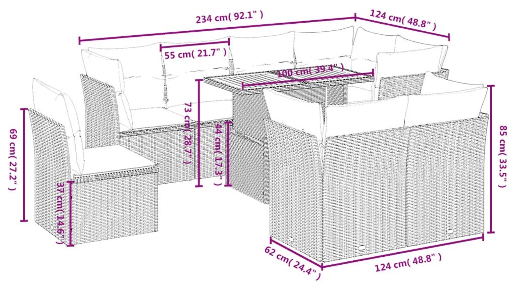 9 részes fekete polyrattan kerti ülőgarnitúra párnákkal