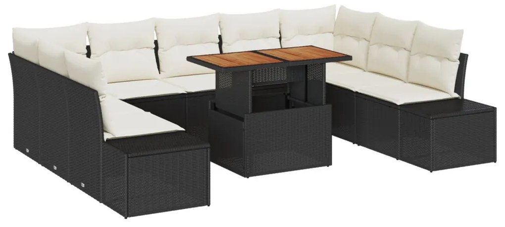 10 darabos Kerti Sofa Szett Párnákkal Fekete Polirattan