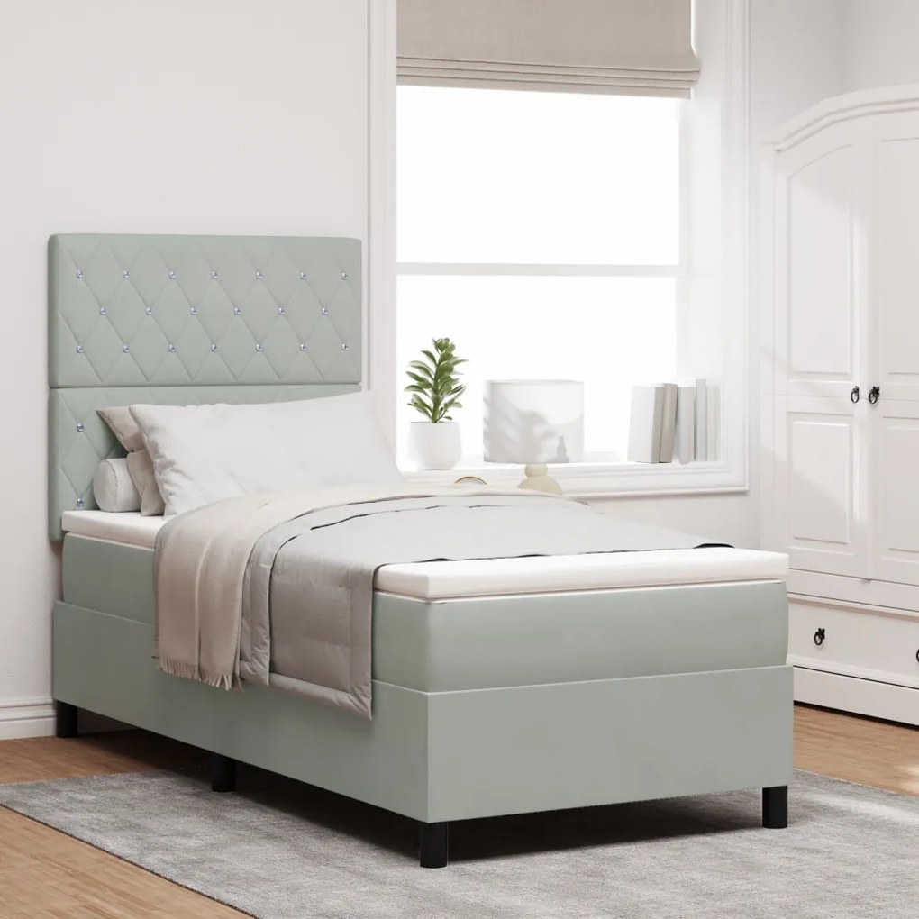 Boxspring Ágy Matrac Könnyű Szürke Egyszemélyes Bársonyos