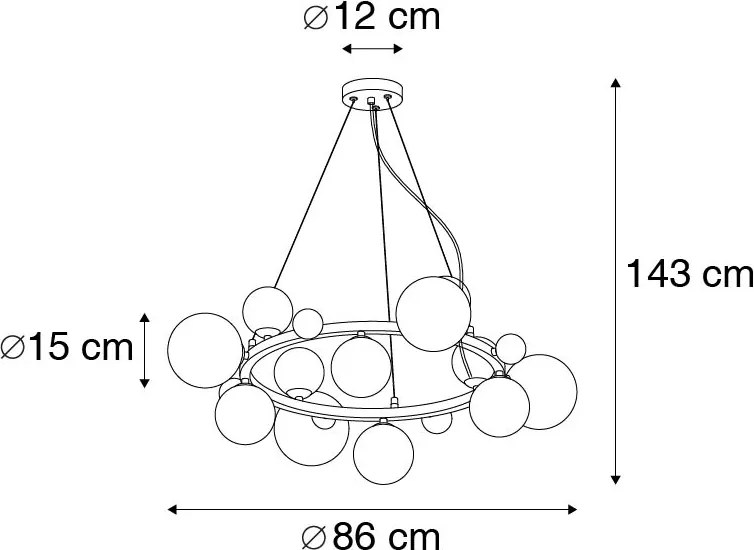 Okos függőlámpa fekete borostyánszínű üveggel, 12 izzós, 12 WiFi G9-es izzóval - David