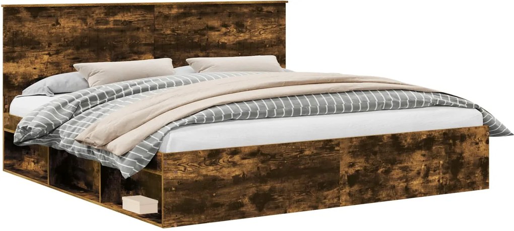 vidaXL Ágykeret fejtámlával Füstölt tölgy 200 x 200 cm Tömör fenyőfa