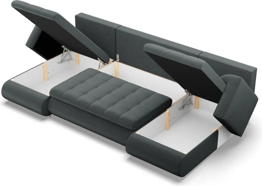 Tokio U alakú sarokkanapé, 3 ágyneműtartóval, bársony, univerzális oldal, szürke