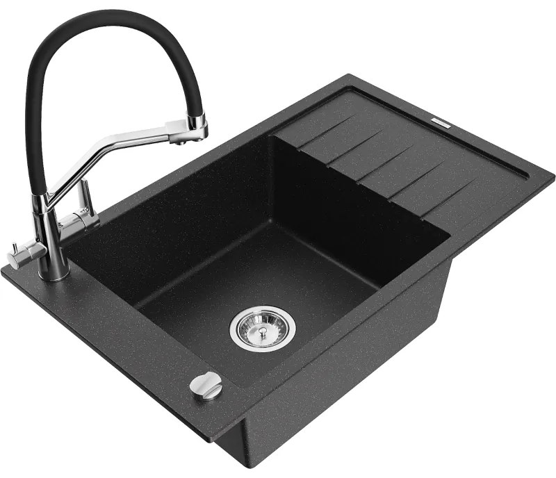 Mexen Elias gránit mosogató 1-medencés lefolyóval és Duo konyhai csappal, fekete/ezüst metál - 6511-73-671701-07