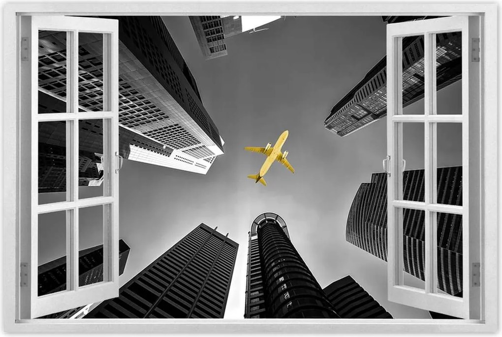 Poszterek 120x80 Sárga repülőgép a város felett