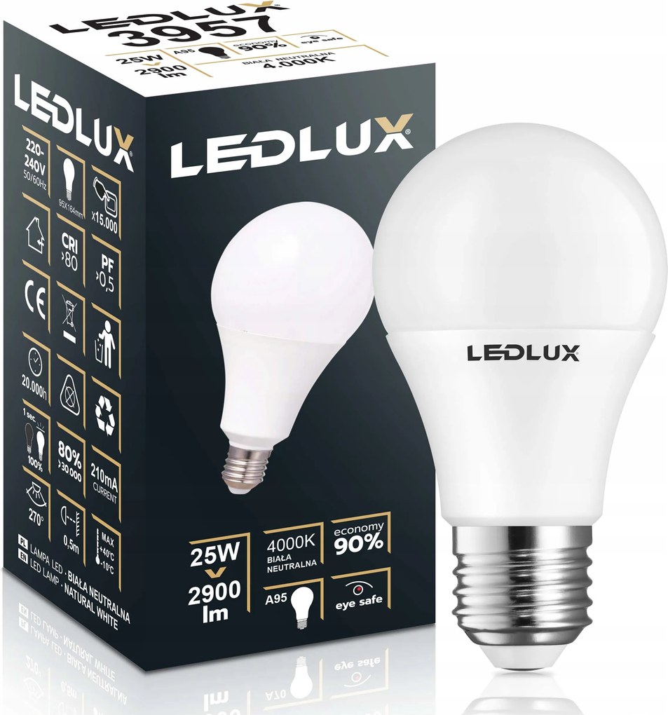Led izzó E27 25W =170W Smd 4000K semleges Premium Ledlux nem villog