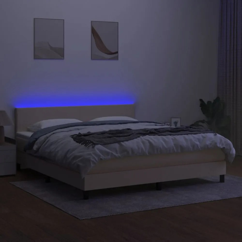 krémszínű szövet rugós és LED-es ágy matraccal 160x200 cm