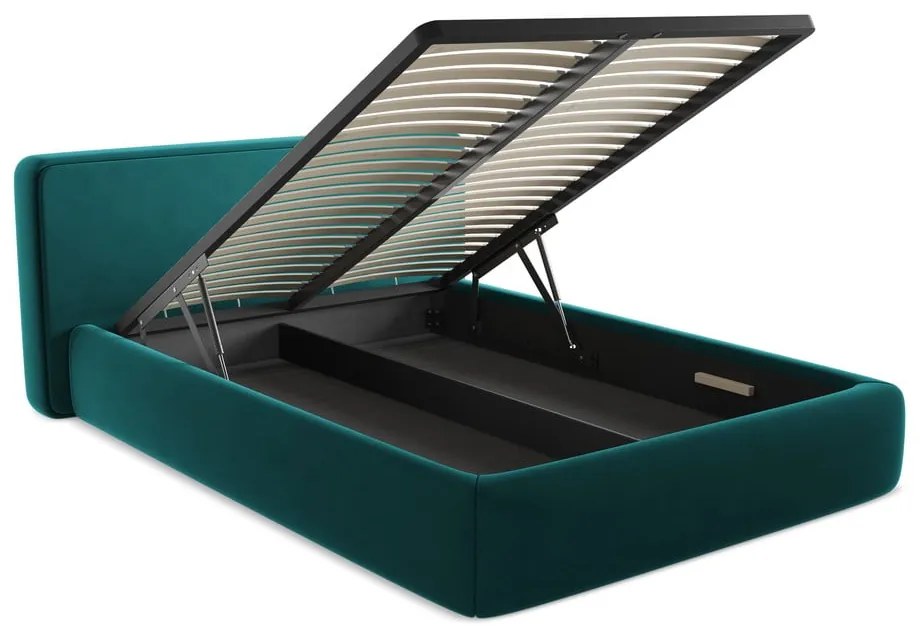 Türkiz kárpitozott ágyneműtartós franciaágy ágyráccsal 160x200 cm Kiana – Makamii