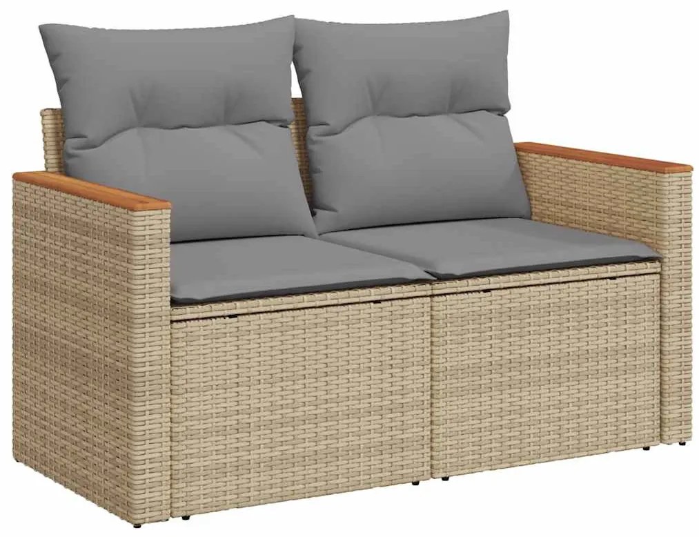 8 részes bézs polyrattan akácfa kerti ülőgarnitúra párnával