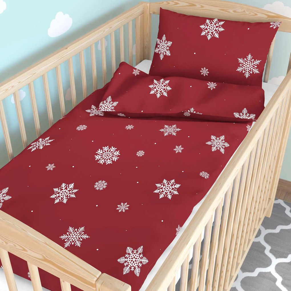 Goldea karácsonyi gyermek pamut ágyneműhuzat kiságyba - hópelyhek piros alapon 110 x 125 és 35 x 55 cm