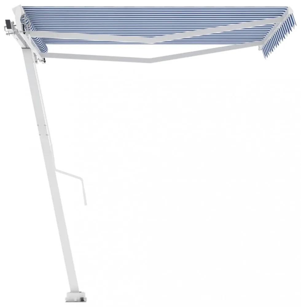 kék és fehér kézzel kihúzható póznás napellenző 350 x 250 cm