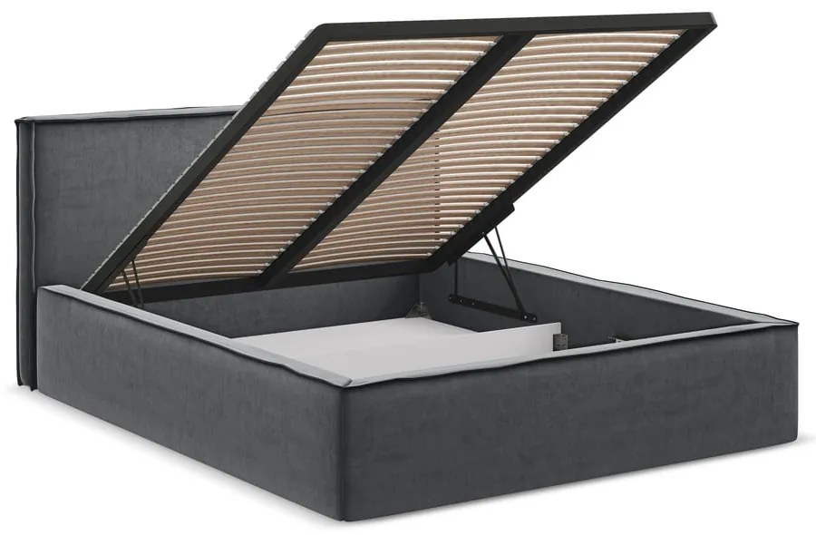 Sötétszürke kárpitozott ágyneműtartós franciaágy ágyráccsal 140x200 cm Anani – Makamii