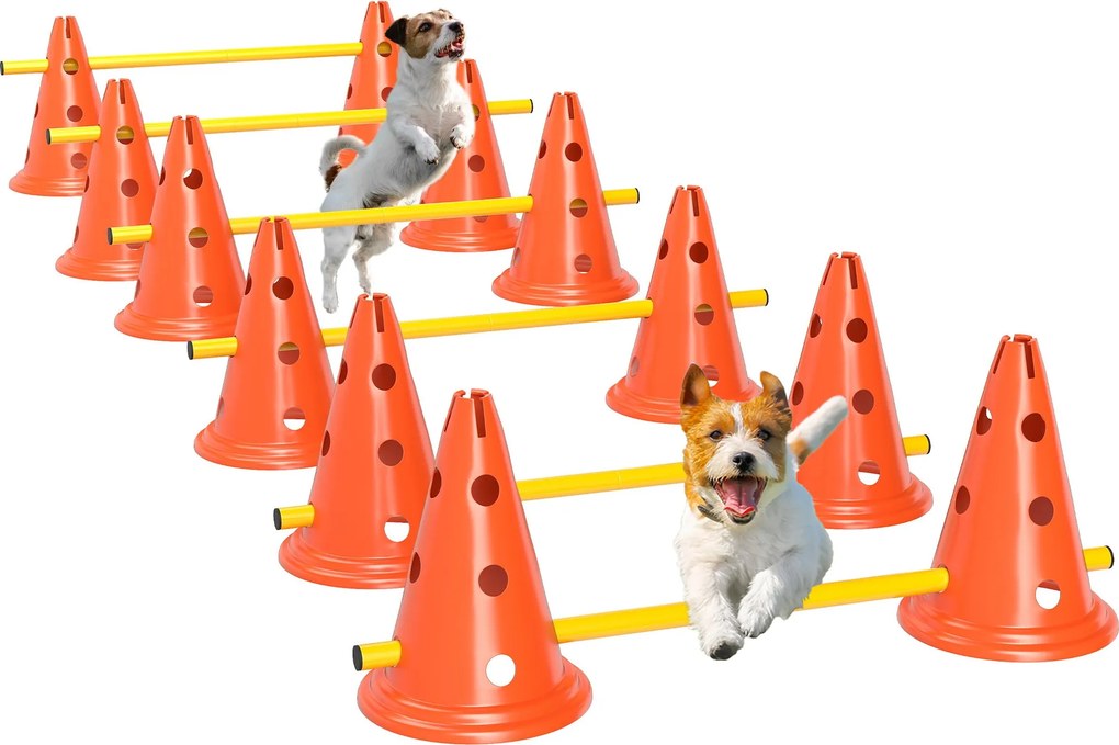 PawHut Agility Szett Kutyáknak - 6 Darabos Képző Berendezés 12 Kúp és 6 Állítható Ugróval, Táskával - Képzési Kiegészítők, Koordinációs Edzés Játékokh