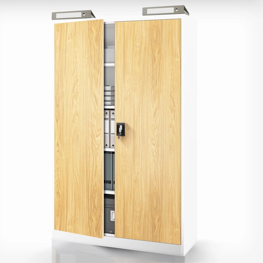 Fém irodai iratszekrény, széles, fehér/arany tölgy, 1150x1850x400 mm: JAN II Eco Design