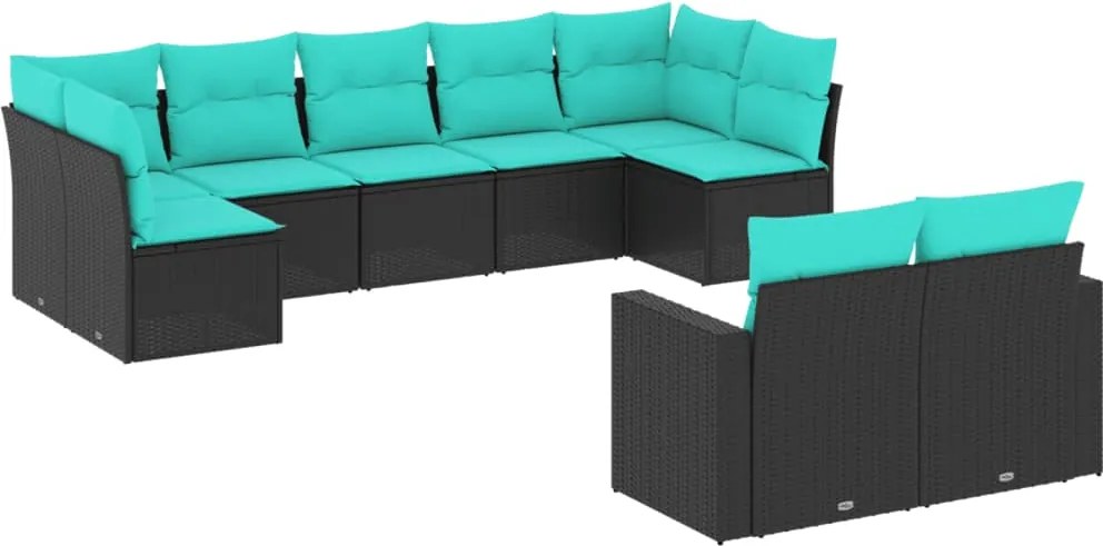 vidaXL 9 részes fekete polyrattan kerti ülőgarnitúra párnával
