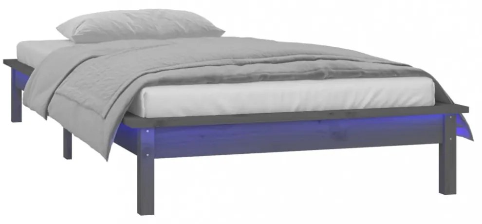 szürke tömör fa ágykeret LED világítással 90x200 cm
