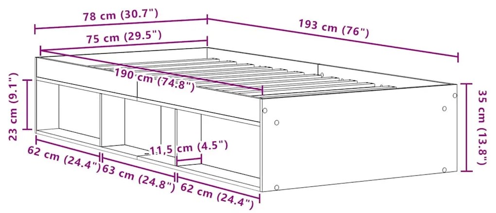 fekete tölgy színű szerelt fa ágykeret matrac nélkül 75x190 cm
