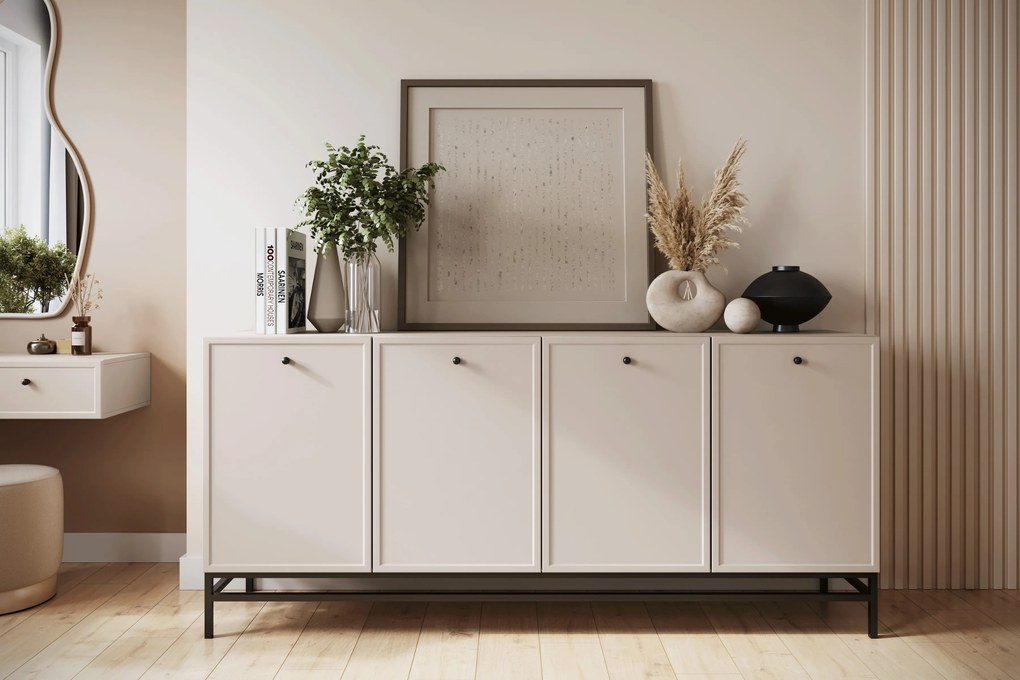 Lorini négyajtós komód 200 cm - kasmír / fekete fogantyúk / fém lábak