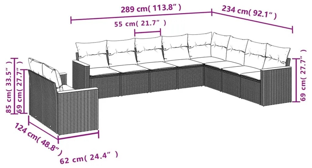 10 részes fekete polyrattan kerti ülőgarnitúra párnákkal