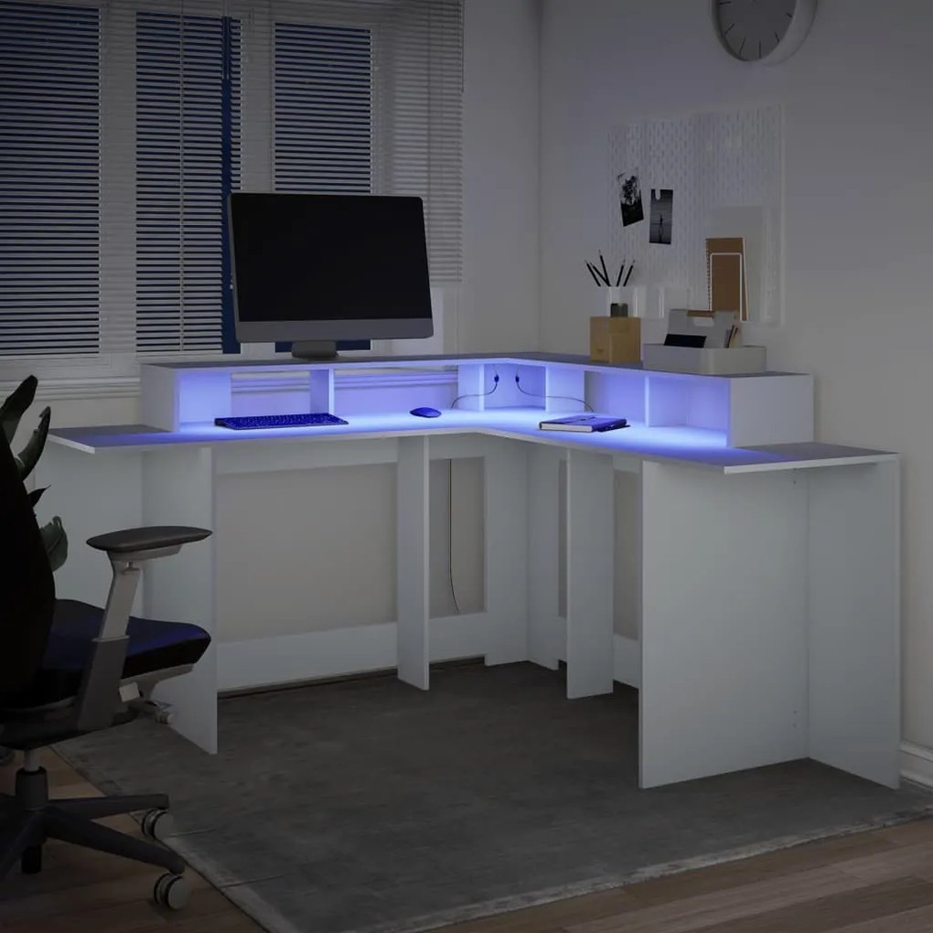 fehér szerelt fa íróasztal LED-világítással 152 x 152 x 91 cm