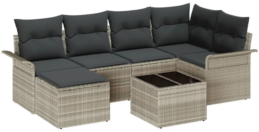 7 Részes Kert Kanapé Szett Párnákkal Szürke Poly Rattan, 2-Fős Kert Kanapé Tárolóval és Párnákkal Világosszürke Poly Rattan